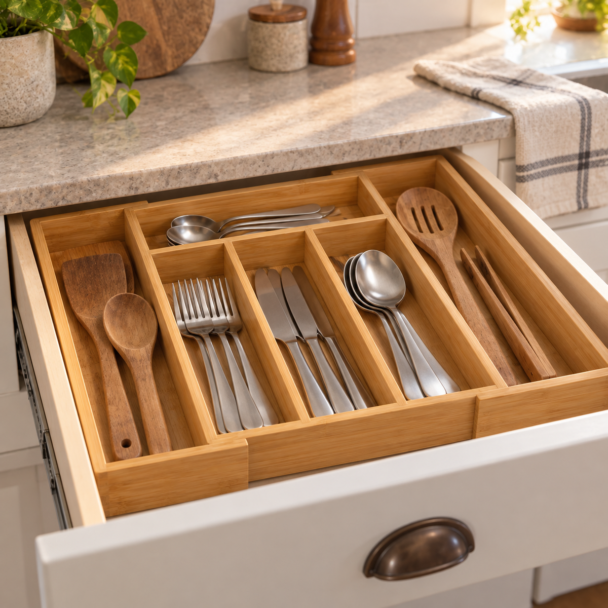 Expandable Bamboo Utensil Drawer Organizer