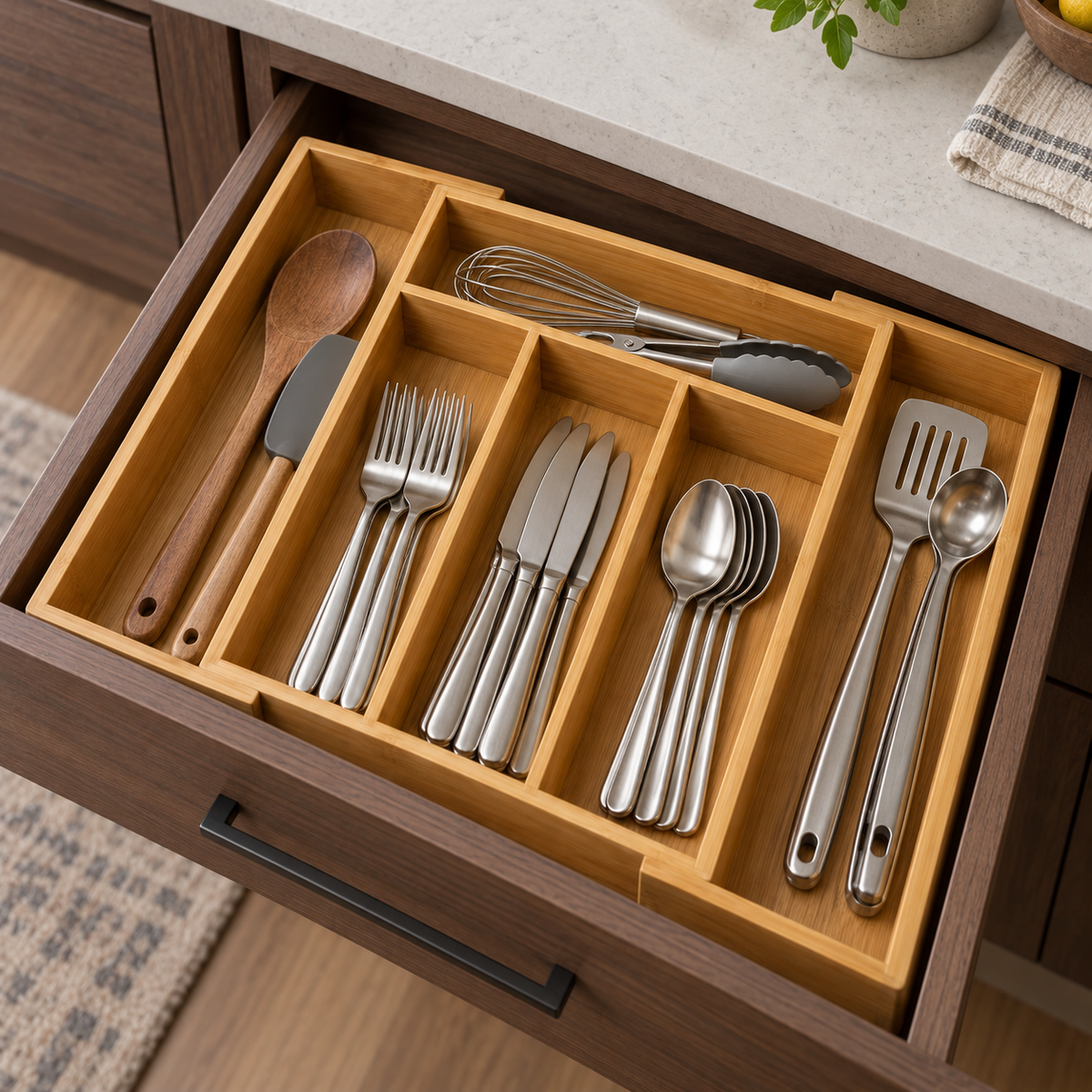 Expandable Bamboo Utensil Drawer Organizer